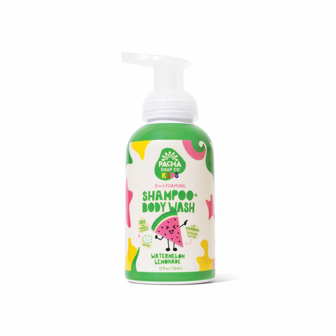 A bottle of Pacha Soap Co. Foaming 2-in-1 Shampoo and Body Wash for kids in Watermelon Lemonade scent, with playful designs and a convenient pump dispenser.