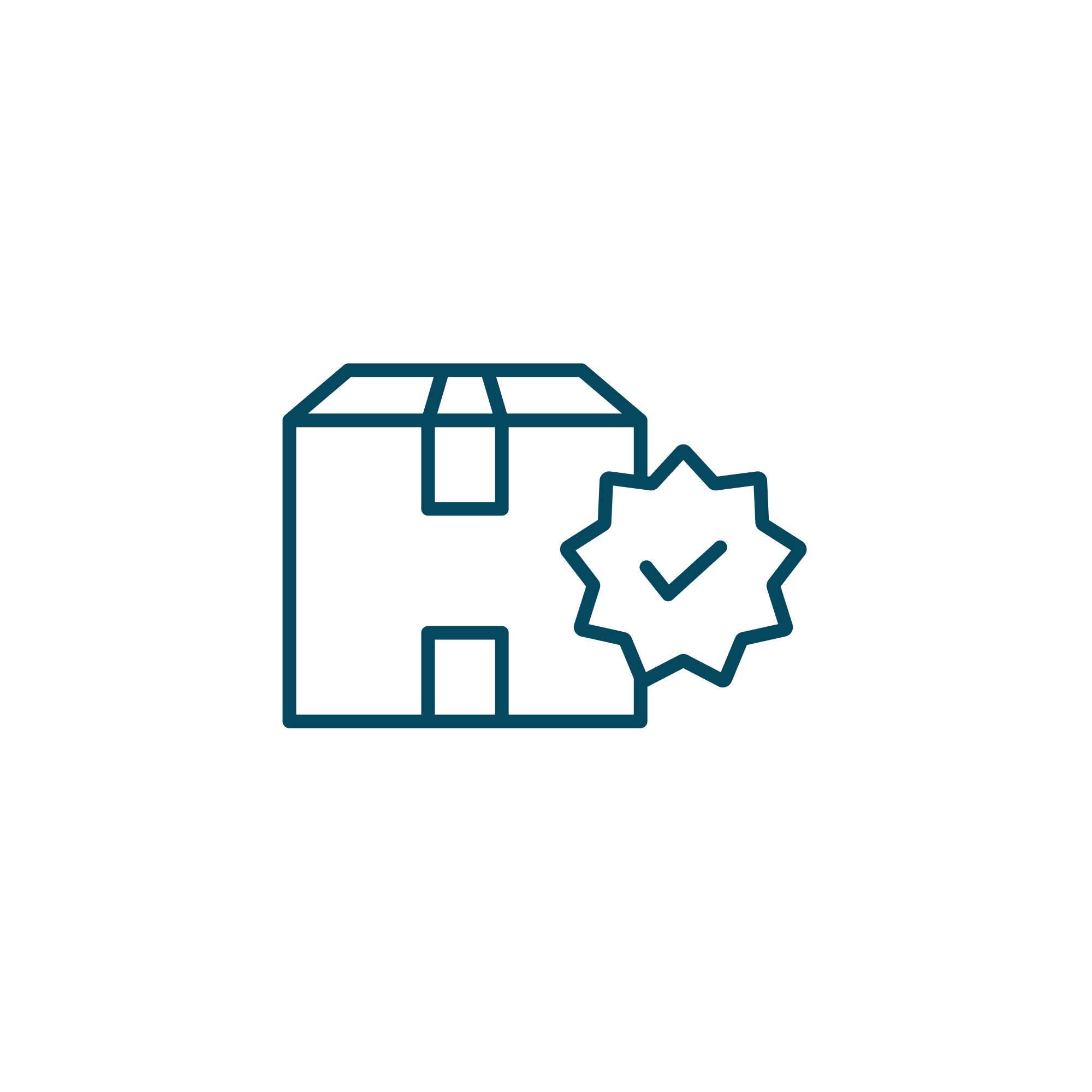 Line drawing of a package with a check-marked gear icon in front, symbolizing quality assurance or verified delivery, centered on a light gray circular background.