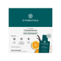Front of a Cymbiotika Liposomal Glutathione box in Citrus Vanilla flavor, highlighting gut, skin, and immune support. Features images of orange slices, a vanilla pod, and a supplement packet from this powerful antioxidant.