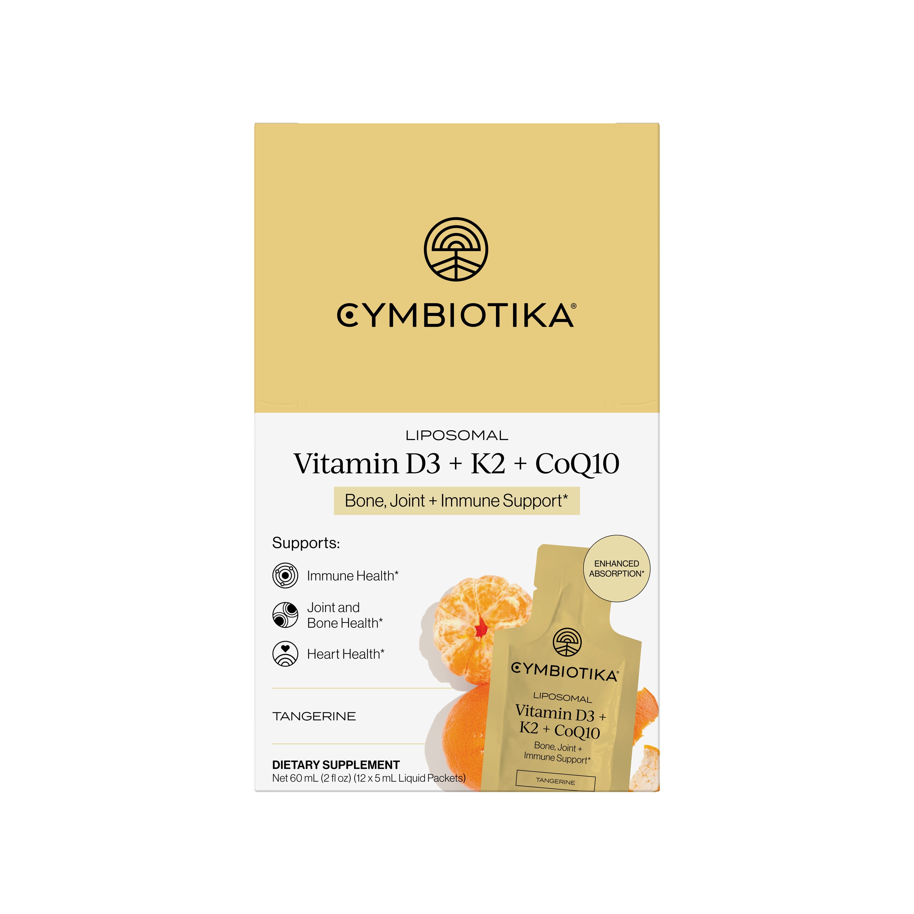Cymbiotika Liposomal Vitamin D3 + K2 + CoQ10 supplement, tangerine flavor, features a powerful blend of CoQ10 and Vitamin K2 to support bone, joint, and immune health. The box showcases the supplement packet alongside fresh orange slices.
