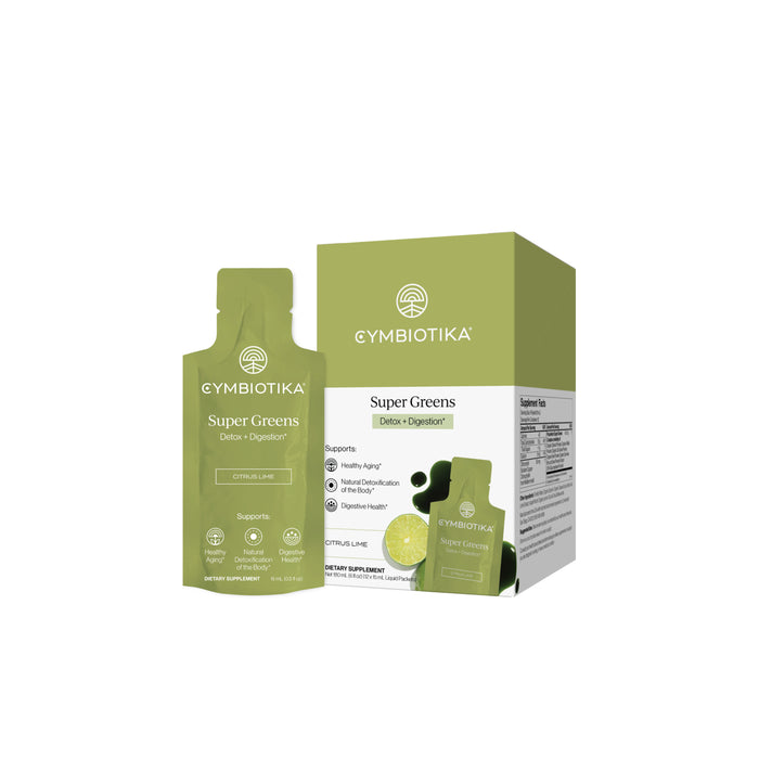 A green sachet and box of Cymbiotika Super Greens Liquid Packets - Detox + Digestion are shown, featuring a lime slice graphic and text highlighting immune support, cellular detoxification, digestion, and overall health benefits.