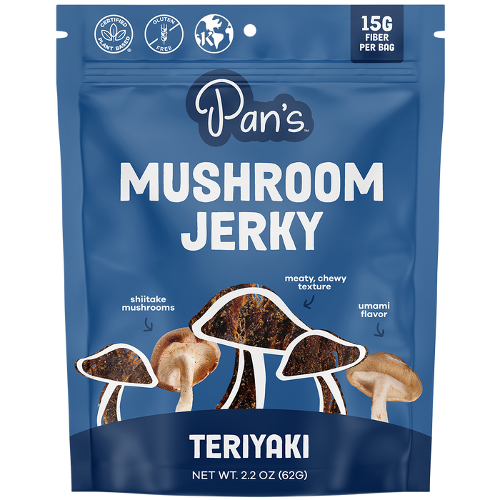 Pans Teriyaki Mushroom Jerky, in a blue bag, highlights Shiitake Mushrooms, a Meaty, Chewy Texture, and rich Umami Flavor. Its vegan, gluten-free, and contains 15g of fiber per bag.