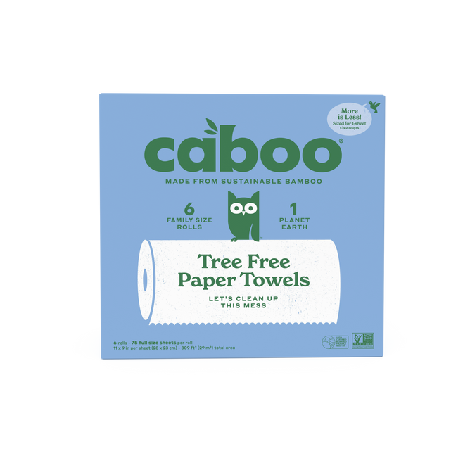 Caboo Paper Towel (75 sheets per roll) comes in a light blue box with a green owl logo, labeled “Tree Free Paper Towels,” “6 family size rolls,” and “Made from sustainable bamboo” for an eco-friendly choice.