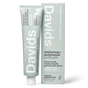 A tube and box of Davids Premium Toothpaste - Whitening + Antiplaque in natural peppermint flavor, designed with a minimalist light green look and white text showcasing features such as fluoride-free formula, support for enamel health, and EWG Verified natural whitening.