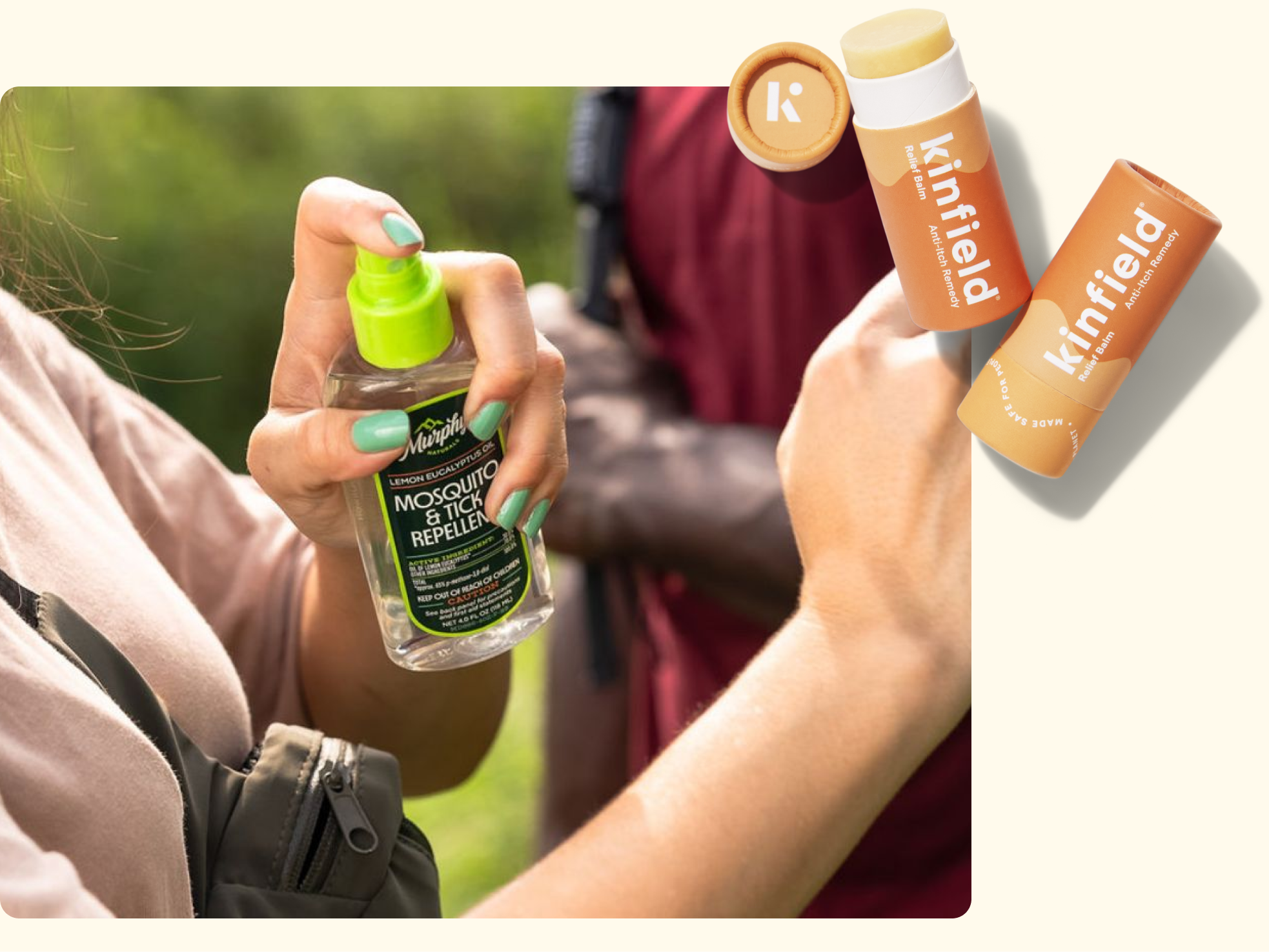 A person sprays insect repellent on their arm outdoors, while two tubes of Kinfield sunscreen are displayed on a light background to the right.