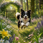 A black and white dog jumps through a blooming, cruelty-free flower garden toward a wooden gate near an Enviroscent Stix Diffuser Air Freshener Starter Kit - Pet Odor Neutralizer.