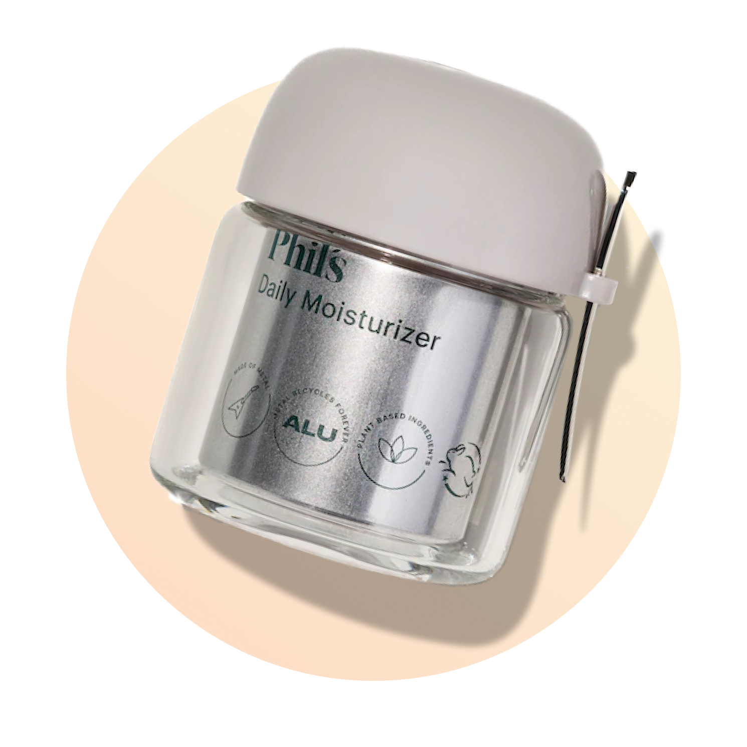A clear glass jar labeled Phils Daily Moisturizer with a light gray lid and eco-friendly symbols, placed against a light beige circular background.