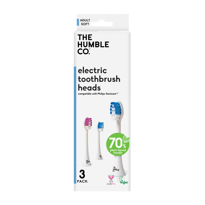 The Humble Co. Electric toothbrush heads (3 pack) for adults feature soft, Philips Sonicare-compatible bristles, 70% plant-based handles, are BPA & PFAS-free, vegan certified, and include colorful toothbrush images on the box.