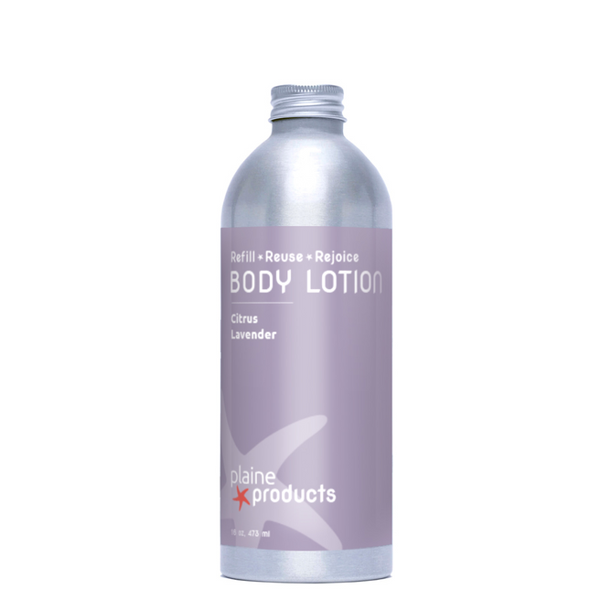 A silver aluminum bottle with a lavender label reading "Body Lotion, Citrus Lavender" by Plaine Products. This hydrating lotion features organic aloe vera and a minimalist design promoting Refill • Reuse • Rejoice.