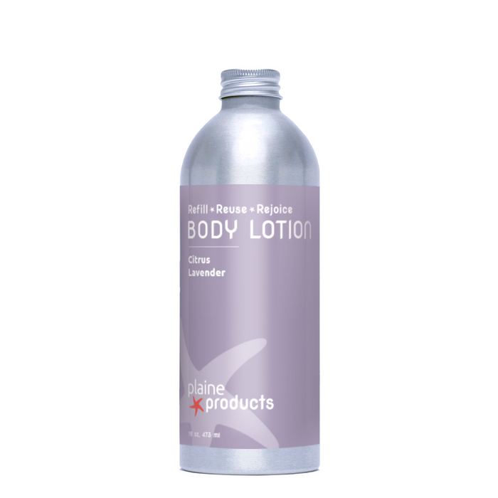 A silver aluminum bottle with a lavender label reading "Body Lotion, Citrus Lavender" by Plaine Products. This hydrating lotion features organic aloe vera and a minimalist design promoting Refill • Reuse • Rejoice.