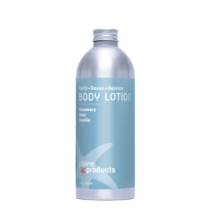 A silver aluminum bottle with a blue label reads "Body Lotion, Rosemary Mint Vanilla" from Plaine Products. This zero waste lotion hydrates with organic aloe vera and comes in a refillable screw-top design.