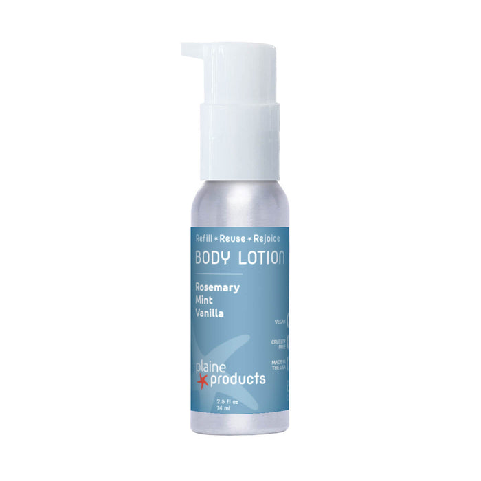 A small silver bottle of Plaine Products Body Lotion, Rosemary Mint Vanilla, with a white pump and blue "Refill • Reuse • Rejoice" label—perfect for a zero waste routine with organic aloe vera for hydrating care.