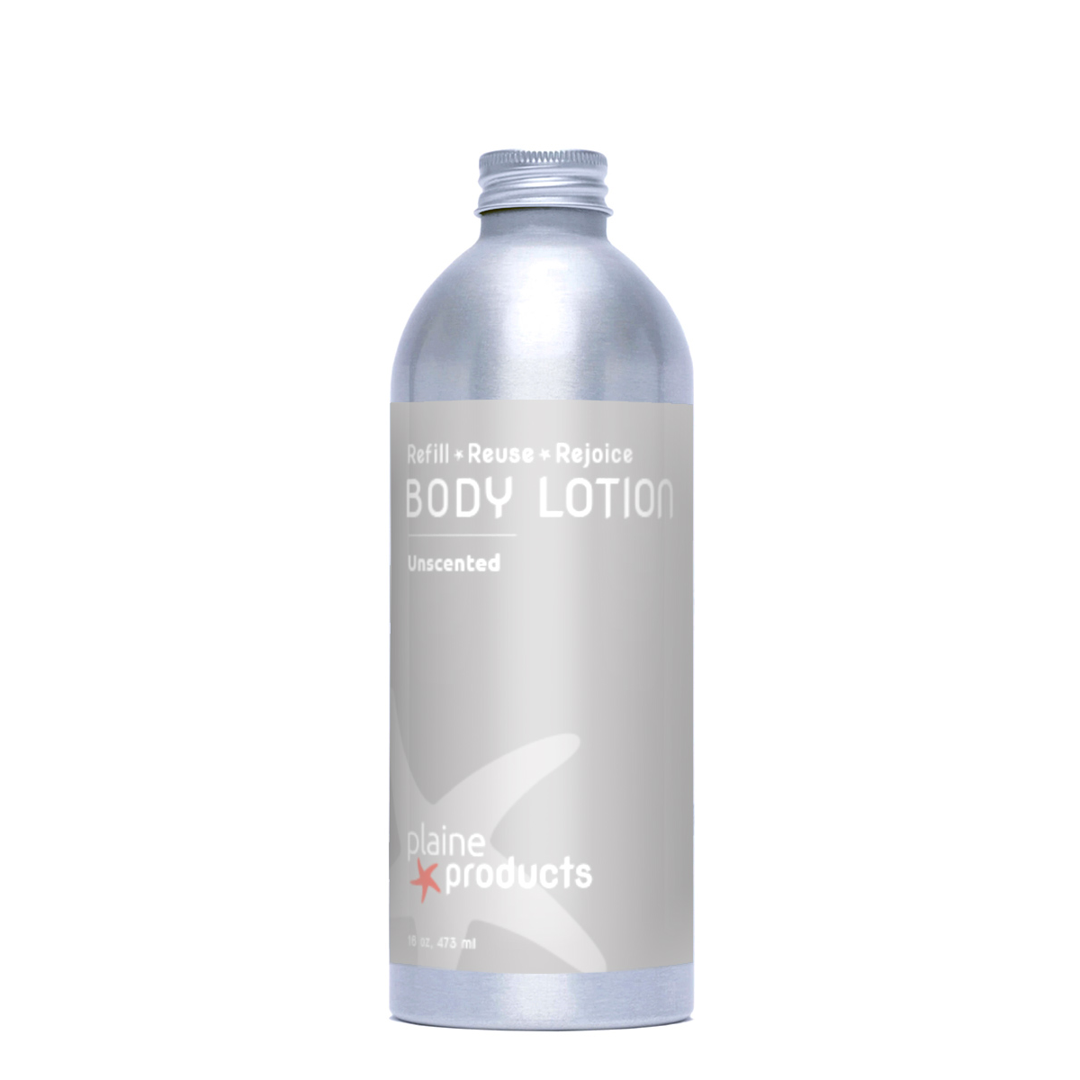 A silver aluminum bottle of Plaine Products Body Lotion, Unscented, with a screw cap and organic aloe vera, displays "Refill • Reuse • Rejoice" on the front.