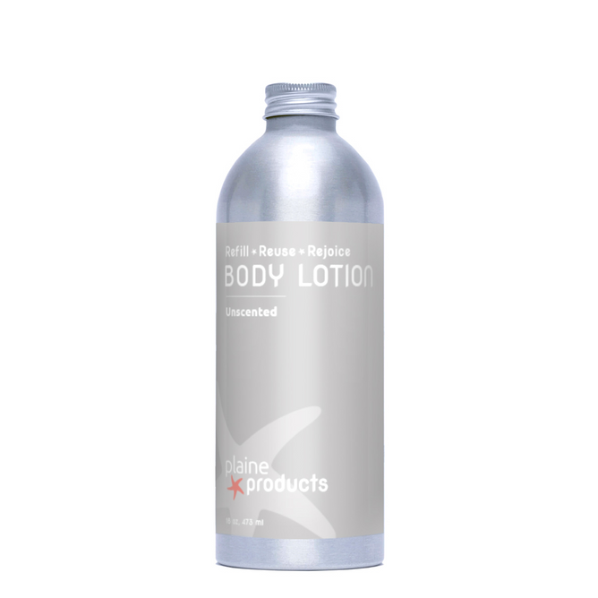 A silver aluminum bottle of Plaine Products Body Lotion, Unscented, with a screw cap and organic aloe vera, displays "Refill • Reuse • Rejoice" on the front.