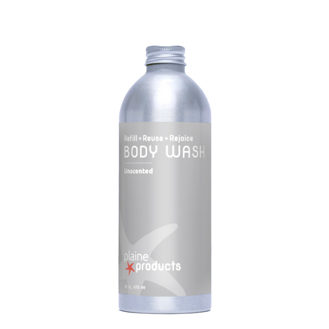 Plaine Products Body Wash, Unscented comes in a silver aluminum bottle with a screw-top lid and minimalist white and gray text, providing a zero waste choice for your daily routine.