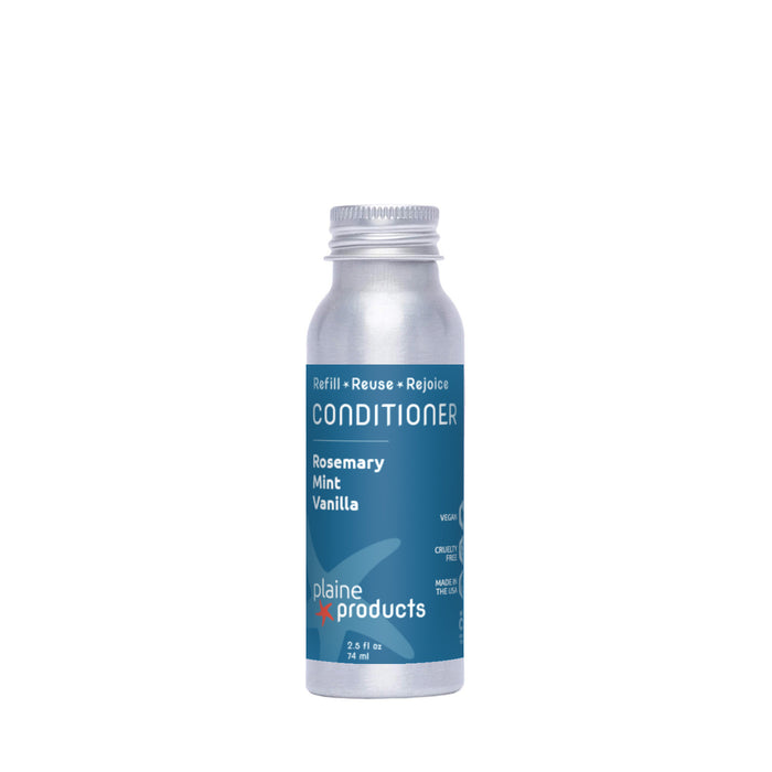 A 2.5 fl oz silver bottle of Plaine Products Conditioner, Rosemary Mint Vanilla, features a blue label and vegan formula. It promotes scalp balance and highlights “Refill • Reuse • Rejoice.”.