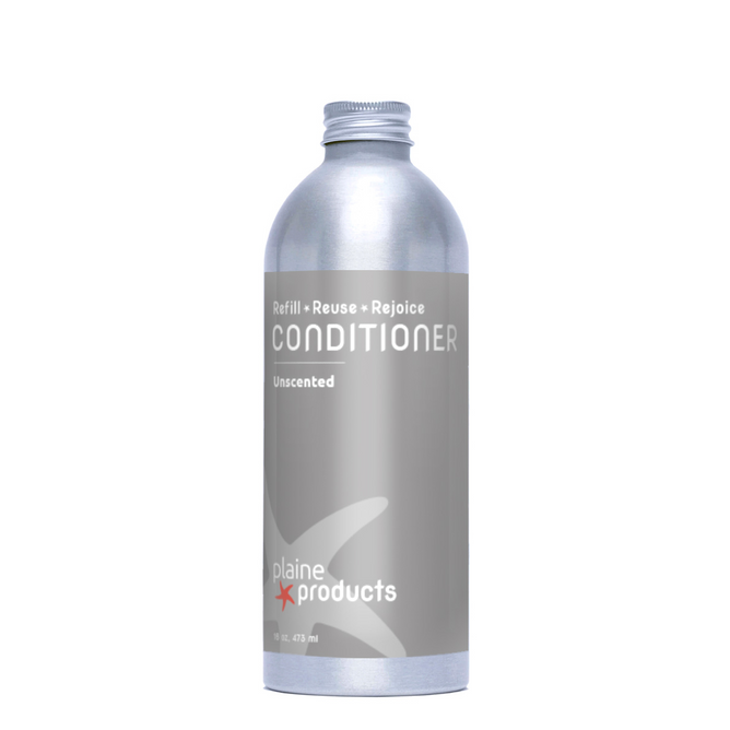 A silver aluminum bottle labeled Plaine Products Conditioner, Unscented, with "Refill • Reuse • Rejoice" on the front. This vegan, eco-friendly hair conditioner features a screw-top cap and minimalist design.