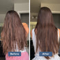 Side-by-side photos of a woman's long brown hair from the back: The "Before" shows frizzy, uneven hair; the "After" reveals smooth, shiny locks after using Plaine Products Deep Conditioner to restore strength.