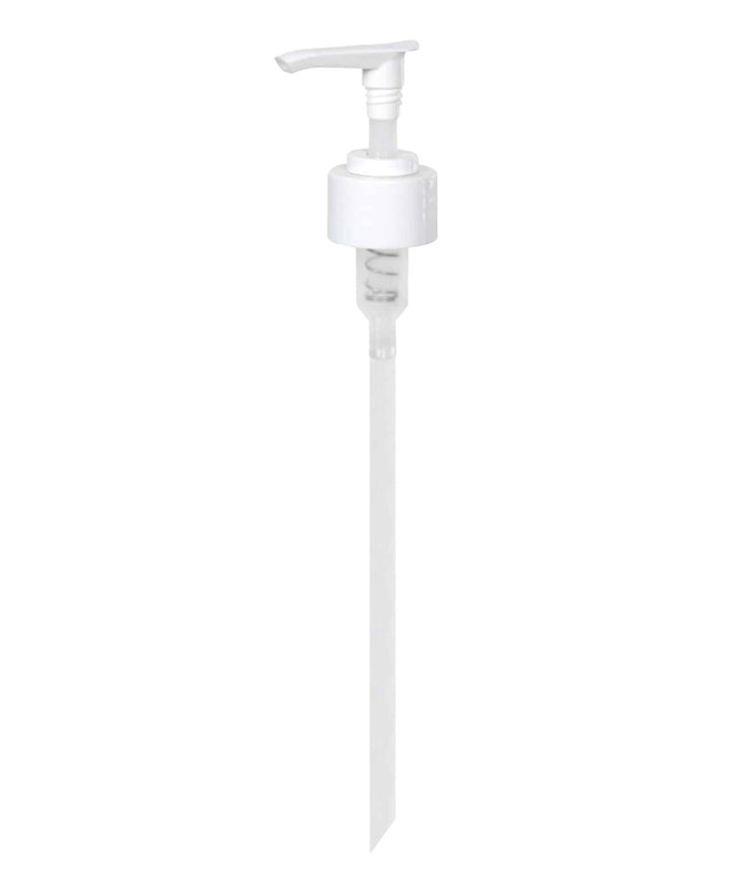 The Plaine Products Large Pump is a white plastic dispenser with a long dip tube, designed for most 16 oz bottles. Perfect for liquid soap, lotion, or similar liquids.