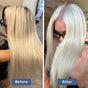 Side-by-side photos show a woman's yellow-blonde hair with dark roots before, and bright platinum blonde after using Plaine Products Purple Shampoo to neutralize brassy tones.