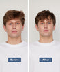 Side-by-side photos of a young man with light brown hair and blue eyes in a white shirt; left is labeled Before, right is labeled After. In the After image, his hair looks neater and styled with Plaine Products Sea Salt Spray for a beachy look.
