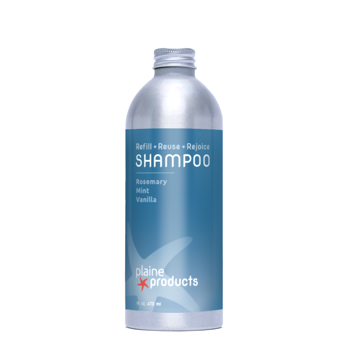 Plaine Products’ Shampoo, Rosemary Mint Vanilla, comes in a silver aluminum bottle with a blue label reading “Refill • Reuse • Rejoice.” This vegan shampoo offers fresh, clarifying care in a sustainable package.