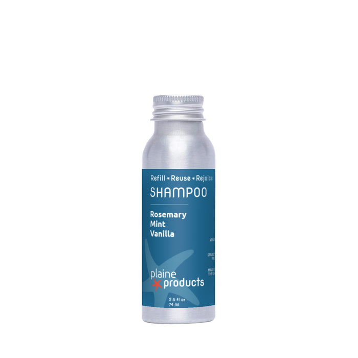 A silver metal bottle of Plaine Products Shampoo, Rosemary Mint Vanilla, vegan, 2.5 fl oz (74 ml), features a blue label with white and light blue text plus a starfish graphic.