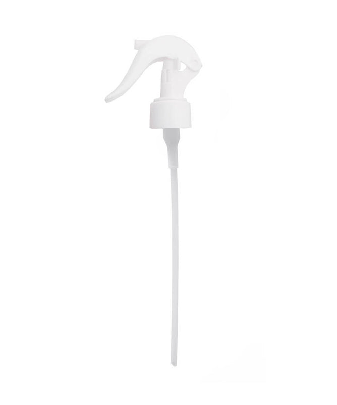 The Plaine Products Medium Spray Pump is a white plastic dispenser with a long dip tube and curved lever, perfect for spraying Sea Salt Spray, Hair Repair treatments, or sanitizer from bottles up to 10 oz.