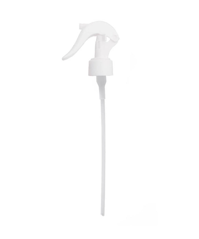The Plaine Products Medium Spray Pump is a white plastic dispenser with a long dip tube and curved lever, perfect for spraying Sea Salt Spray, Hair Repair treatments, or sanitizer from bottles up to 10 oz.