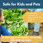 A child and adult sit near leafy plants with a container of Good Dirt Plant Food - Indoor & Outdoor. The label reads: Certified Non-GMO, Heavy Metals Free, Not Salt or Petroleum-based, Pathogen-free, Nut Free. Banner: Safe for Kids and Pets.