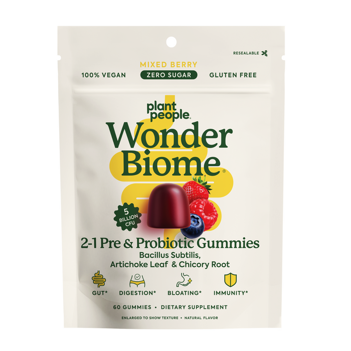 Plant People WonderBiome 2-1 Pre & Probiotic Gummies in Mixed Berry are vegan, zero sugar, gluten free gummies that help restore your gut microbiome for digestive health.