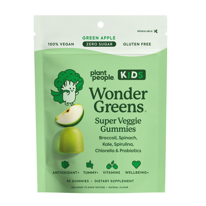 A green resealable pouch of Plant People WonderGreens Kids Veggie Gummies features a smiling broccoli cartoon, an apple slice, and text highlighting super greens like broccoli, spinach, kale, plus kids probiotics.