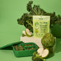 A green lunchbox with veggie gummies sits among fresh kale, apple, artichoke, and broccoli. Behind it is a package labeled Plant People WonderGreens Kids Veggie Gummies on a vibrant green background.