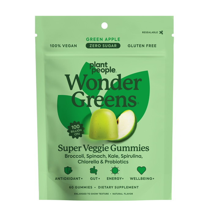 A green resealable pouch of Plant People WonderGreens Veggie Gummies, Green Apple flavor. Vegan and gluten-free, these gummies feature broccoli, spinach, and kale, plus probiotics for gut health. Zero sugar.
