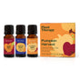 Three brown essential oil bottles labeled Apple Cider, Harvest Moon, and Pumpkin Spice stand beside a Plant Therapy Pumpkin Harvest Essential Oil Blend Set box featuring fall-themed graphics, making the perfect autumn blends for your fall diffuser.