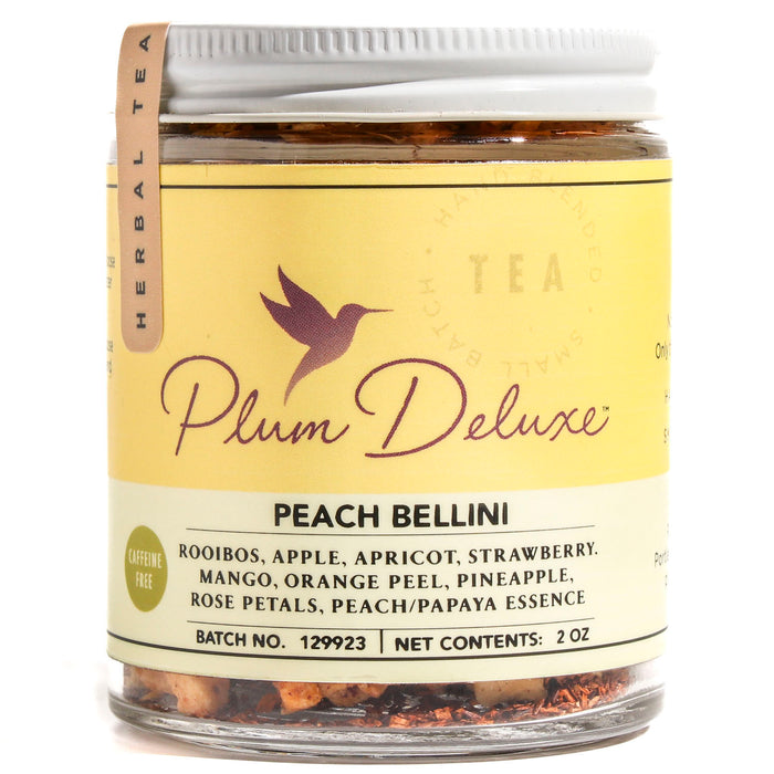 Plum Deluxe Peach Bellini Tea is a caffeine-free blend with red rooibos, apple, apricot, strawberry, and mango pieces. Enjoy a refreshing treat in every 2 oz jar with its vibrant yellow label.