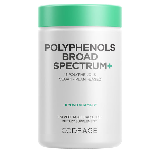 A white bottle with a green lid labeled “Polyphenols Broad Spectrum + Capsules” by Codeage contains 120 vegan, plant-based capsules. The text highlights 15 broad spectrum polyphenols, a vegan formula, and its use as a plant-based polyphenols supplement.