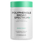 A white bottle with a green lid labeled “Polyphenols Broad Spectrum + Capsules” by Codeage contains 120 vegan, plant-based capsules. The text highlights 15 broad spectrum polyphenols, a vegan formula, and its use as a plant-based polyphenols supplement.
