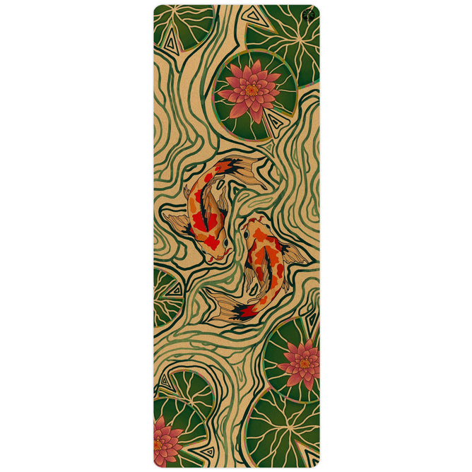 The Pond of Harmony Aura Cork Yoga Mat by Yoloha Yoga features an artistic design with two orange koi fish swimming among green lily pads and swirling water patterns on a beige background, crafted from renewable materials and finished with a gentle cork surface for enhanced comfort and style.