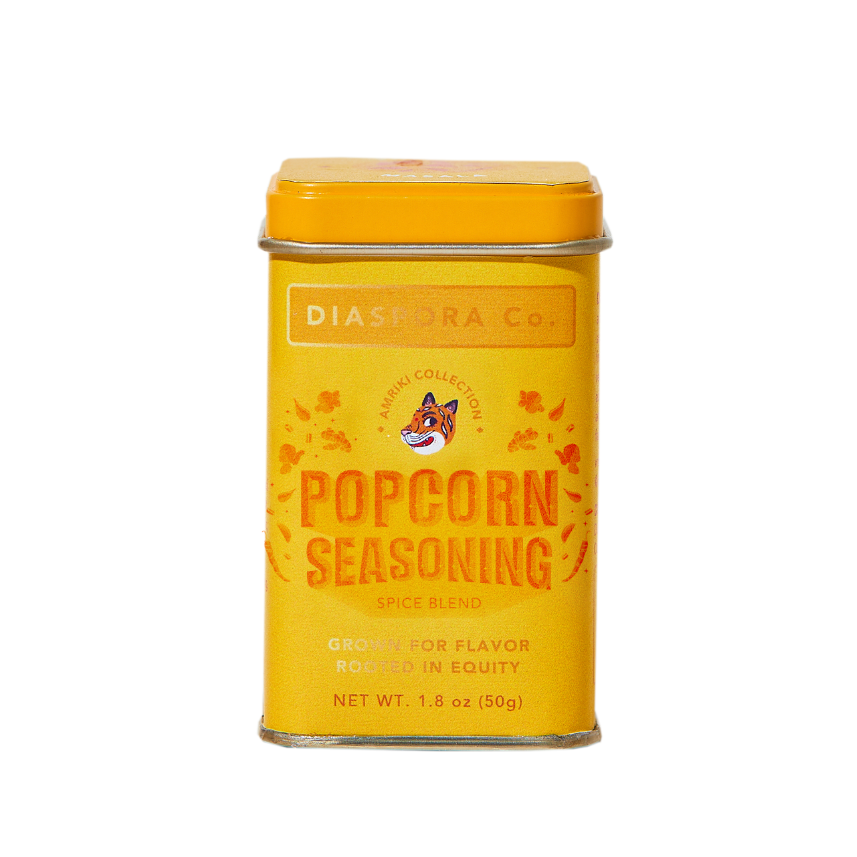 A yellow rectangular tin labeled “Popcorn Seasoning” by Diaspora Spice Co. holds 1.8 oz (50g) of single-origin spices, ideal for nutritional yeast popcorn lovers, with red and orange accents and the tagline “Grown for flavor, rooted in equity.”.