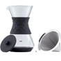 A SAKI Pour-Over Glass Coffee Maker featuring a diamond-patterned black silicone sleeve is displayed with a matching black lid and a stainless-steel mesh filter placed beside it.