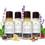 A brown box with a leaf logo sits behind four small Tree To Tub bottles: the Relaxing Lavender Travel Essentials Set, a vegan, sulfate-free kit with Argan Oil Conditioner, Soapberry Hair & Body Wash, and Shea Butter for Body.
