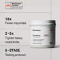 A tub of Momentous Creatine, Unflavored for strength recovery next to text highlighting 10x fewer impurities, 2-5x tighter heavy metal limits, and a 6-stage testing protocol.