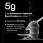 Two stacked scoops of white Momentous Creatine, Unflavored powder with loose powder falling from above, next to text highlighting 5g per scoop, mixability, and its micronized texture for strength recovery.