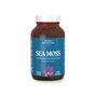 A brown bottle labeled Akasha Superfoods Sea Moss Vitality Blend shows a blue label stating 60 vegan capsules and dietary supplement, featuring Organic Irish Moss, Bladderwrack, and Burdock Root.