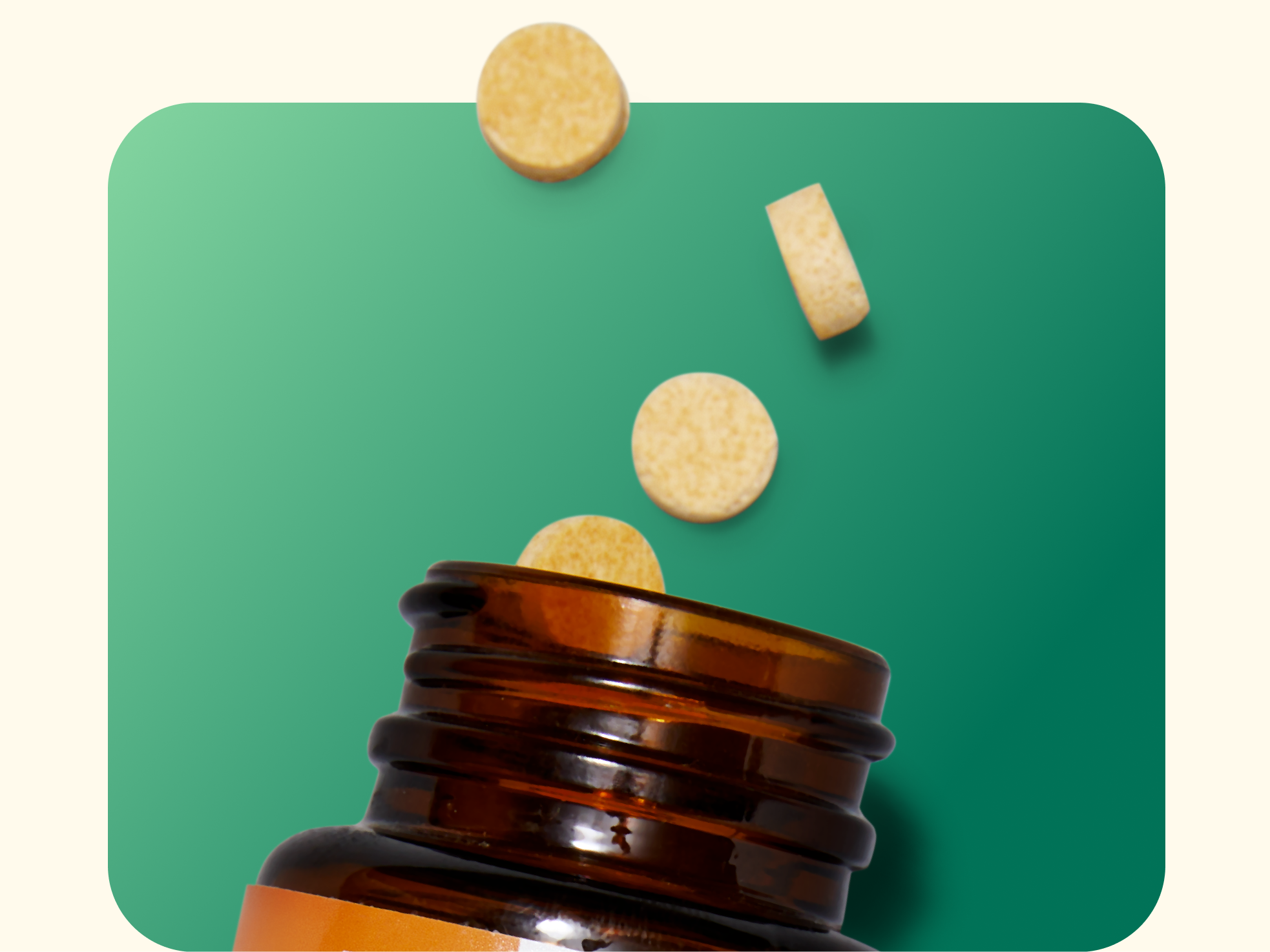 A brown pill bottle tipped with three round yellow tablets falling out, set against a green background with rounded corners.