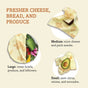 An image shows Bee's Wrap Reusable Beeswax Food Wraps – Assorted 3 Pack in large (for veggies), medium (cheese), and small (half avocado) sizes. Text highlights their sustainable storage for cheese, snacks, and produce.