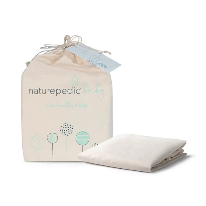 A cloth bag labeled “Naturepedic Fitted Waterproof Crib Mattress Protector Pad” with blue and black plant designs sits beside a folded cream-colored fabric, likely the mattress protector.