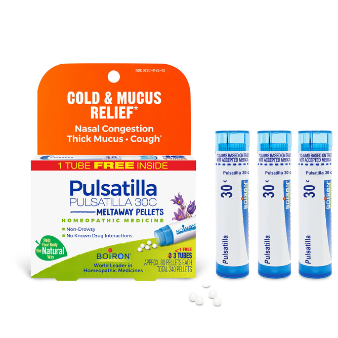 Boiron Pulsatilla 30C Bonus Pack features four tubes of homeopathic meltaway pellets for targeted relief of cold symptoms like nasal congestion and thick mucus. Shown with loose white pellets and packaging highlighting key benefits.