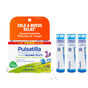 Boiron Pulsatilla 30C Bonus Pack features four tubes of homeopathic meltaway pellets for targeted relief of cold symptoms like nasal congestion and thick mucus. Shown with loose white pellets and packaging highlighting key benefits.